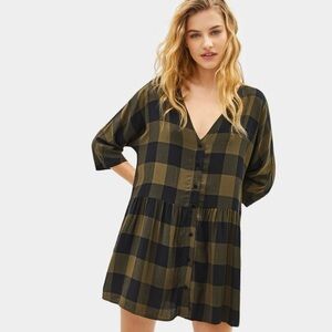 Bershka Plaid Olive Green V-Neck 3/4 Sleeve Mini Shirt Dress